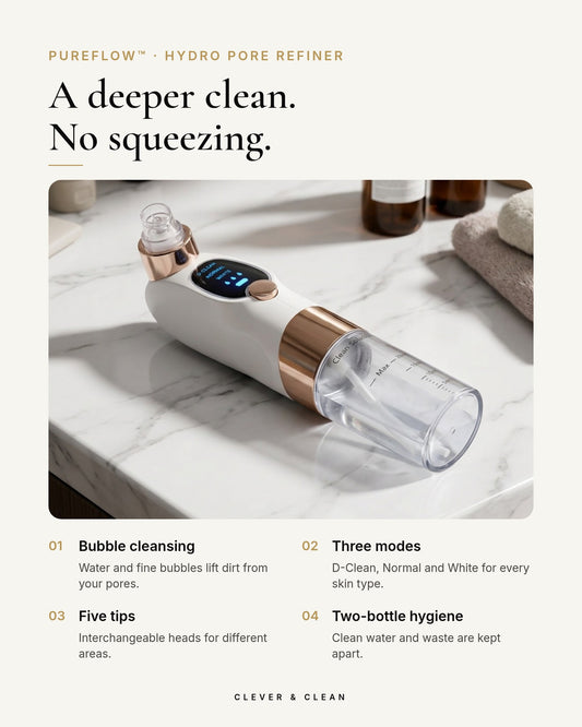 PureFlow Hydro Pore Refiner on a marble bathroom counter